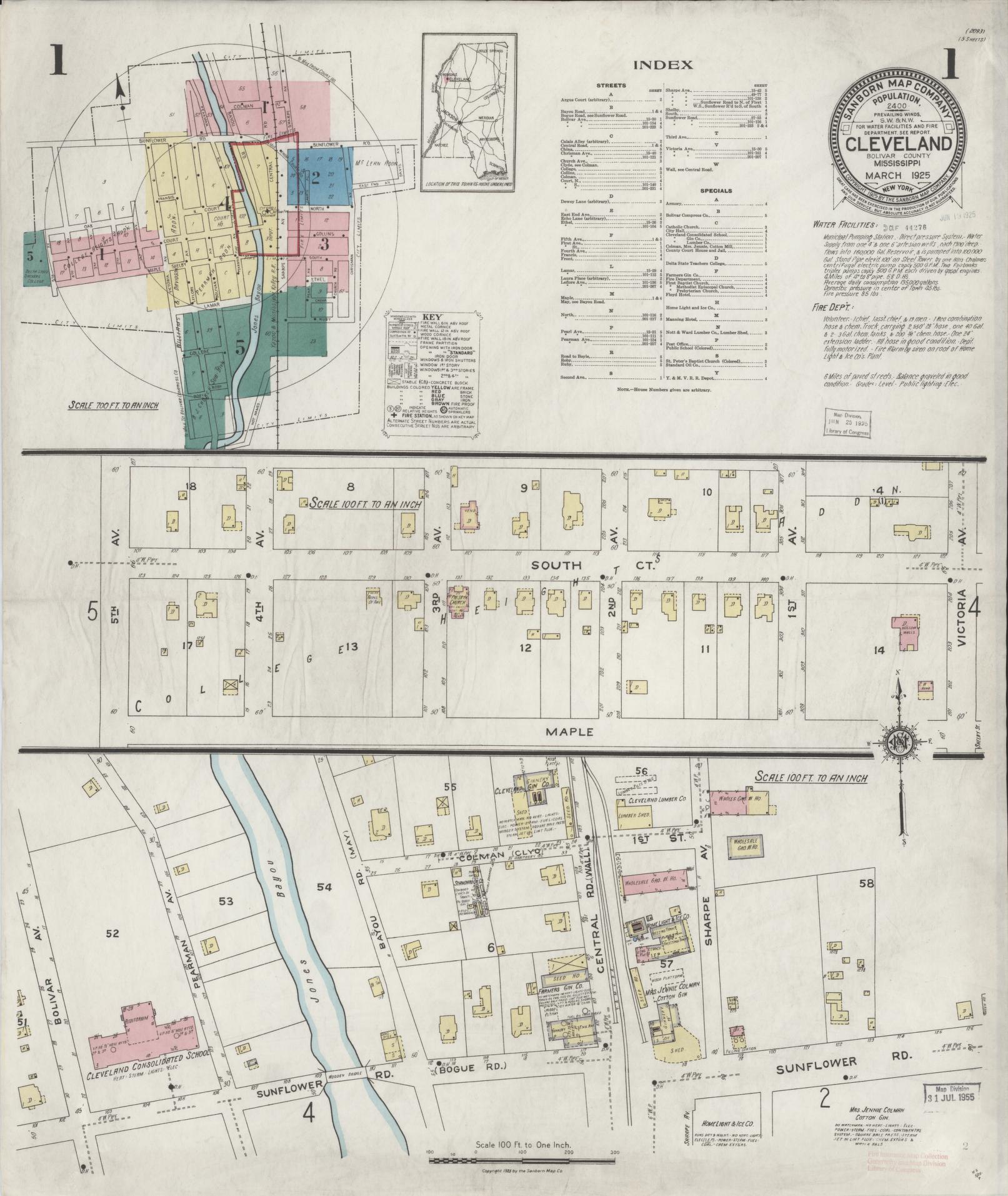 Sanborn Fire Insurance Map from Cleveland, Bolivar County, Mississippi (1925), Sheet #0001 - Complete Map Set gallery image, historic Sanborn map, vintage wall art, Mississippi Mississippi