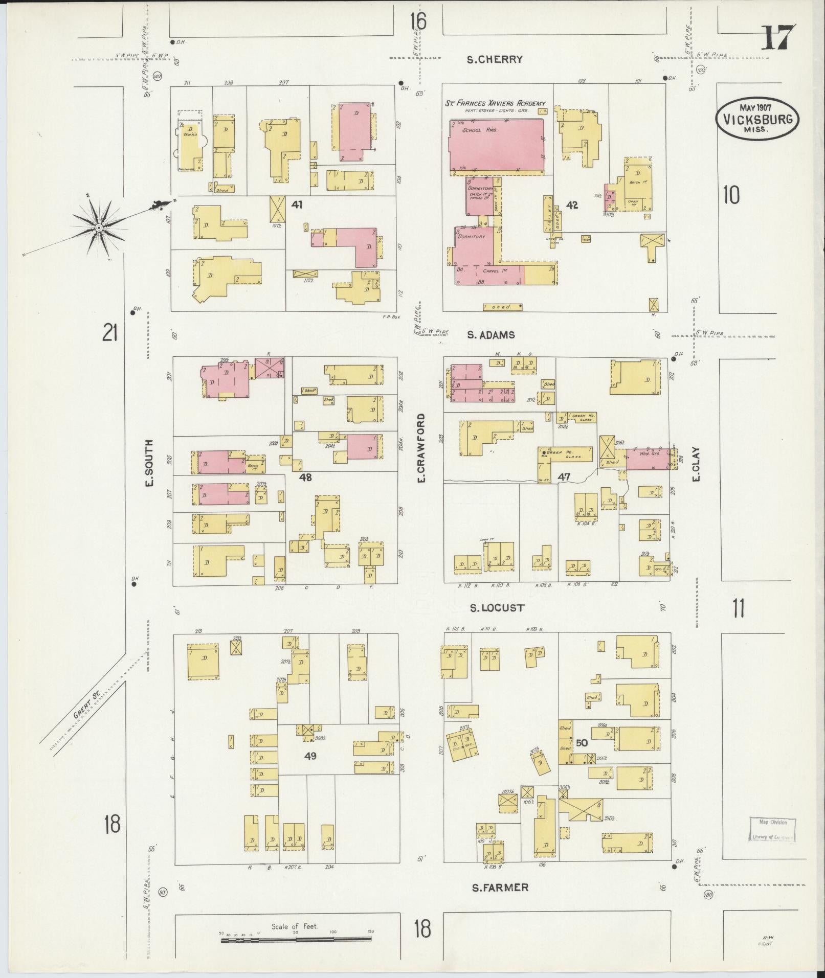 Sanborn Fire Insurance Map from Vicksburg, Warren County, Mississippi (1907), Sheet #0017 - Complete Map Set gallery image, historic Sanborn map, vintage wall art, Mississippi Mississippi