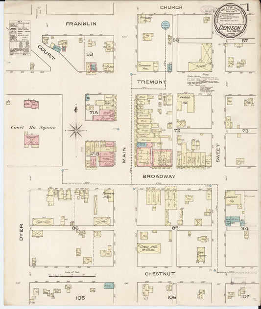 Sanborn Fire Insurance Map from Denison, Crawford County, Iowa (1886), Sheet #0001 - Historic Sanborn Fire Insurance Map Print, vintage old map wall art