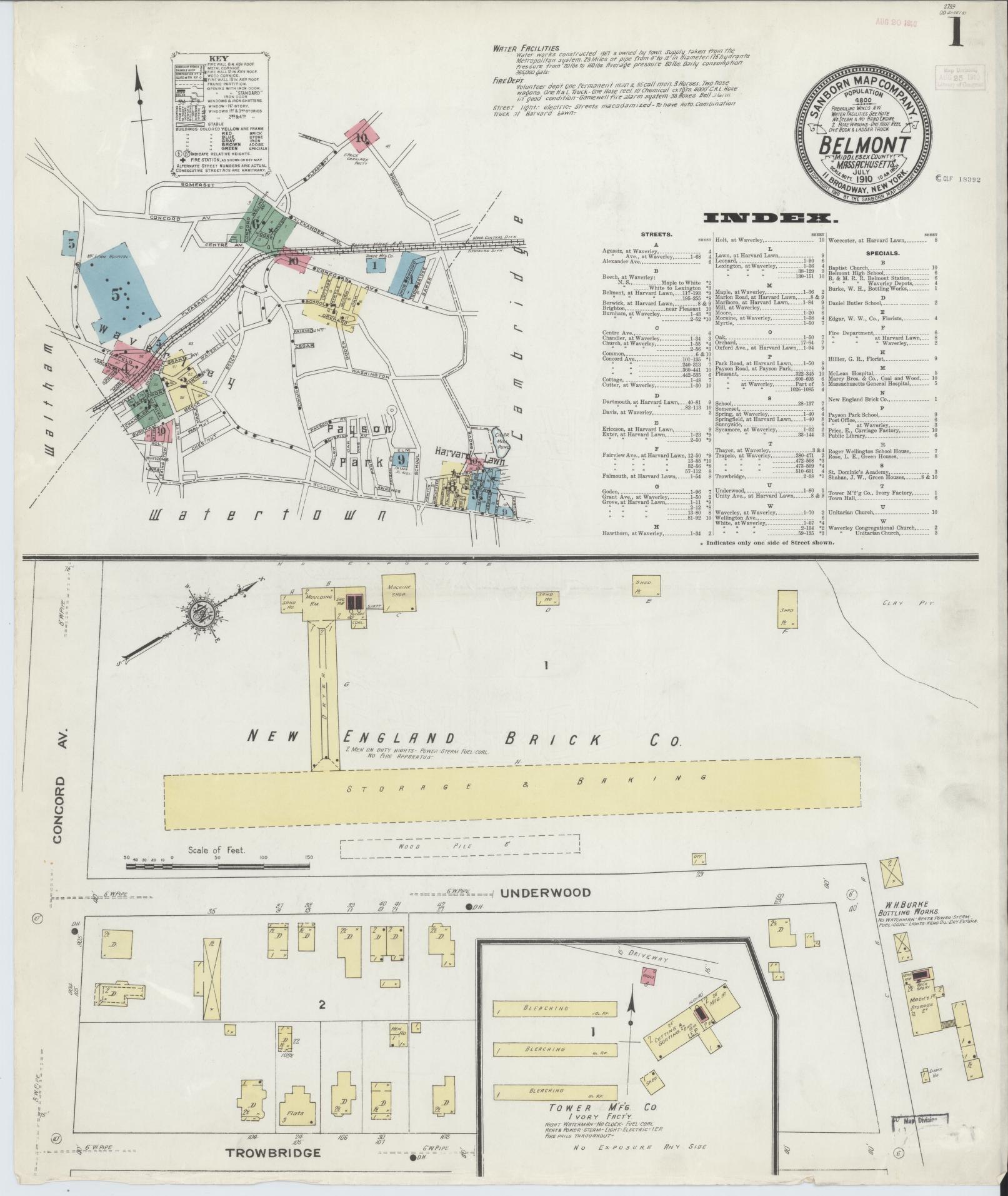 Sanborn Fire Insurance Map from Belmont, Middlesex County, Massachusetts (1910), Sheet #0001 - Complete Map Set gallery image, historic Sanborn map, vintage wall art, Massachusetts Massachusetts
