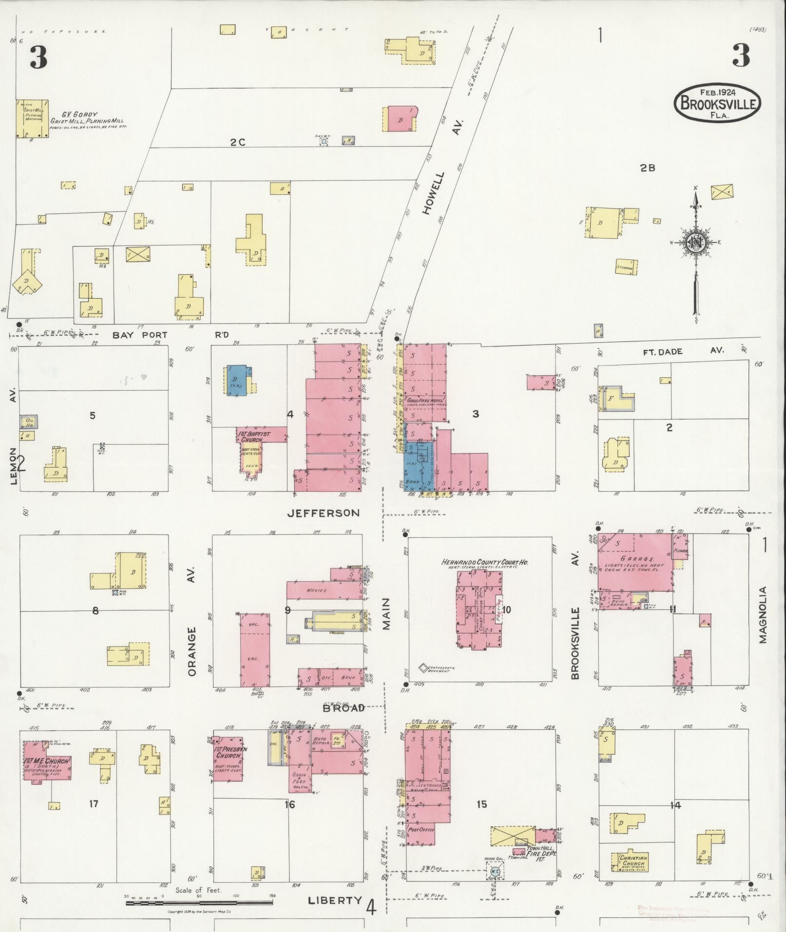 Sanborn Fire Insurance Map from Brooksville, Hernando County, Florida (1924), Sheet #0003 - Historic Sanborn Fire Insurance Map Print, vintage old map wall art, antique decor, genealogy gift, Florida Florida map