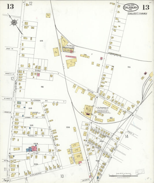 Sanborn Fire Insurance Map from Salisbury, Wicomico County, Maryland (1923), Sheet #0013 - Historic Sanborn Fire Insurance Map Print, vintage old map wall art