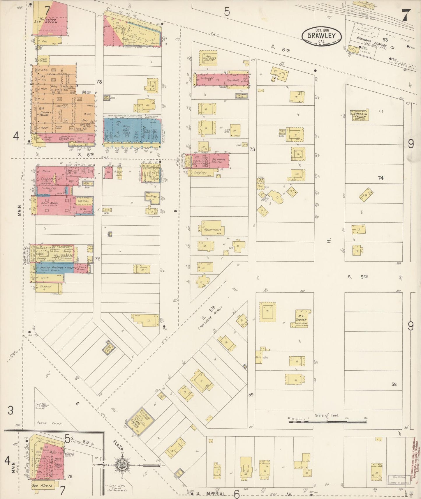 Sanborn Fire Insurance Map from Brawley, Imperial County, California (1916), Sheet #0007 - Historic Sanborn Fire Insurance Map Print, vintage old map wall art, antique decor, genealogy gift, California California map