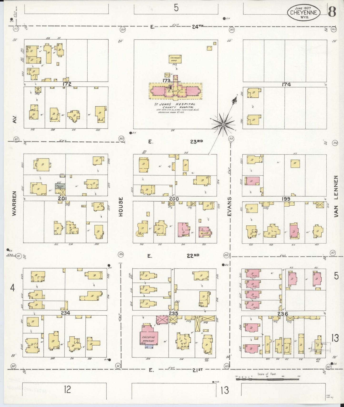Sanborn Fire Insurance Map from Cheyenne, Laramie County, Wyoming (1907), Sheet #0008 - Complete Map Set gallery image, historic Sanborn map, vintage wall art, Wyoming Wyoming