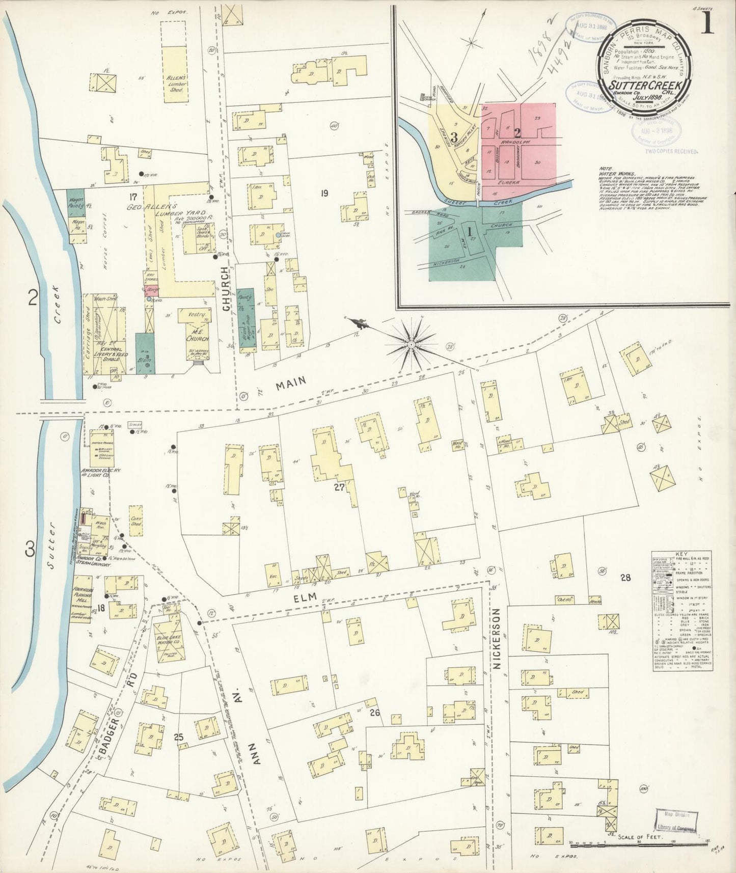 Sanborn Fire Insurance Map from Sutter Creek, Amador County, California (1898), Sheet #0001 - Complete Map Set gallery image, historic Sanborn map, vintage wall art, California California