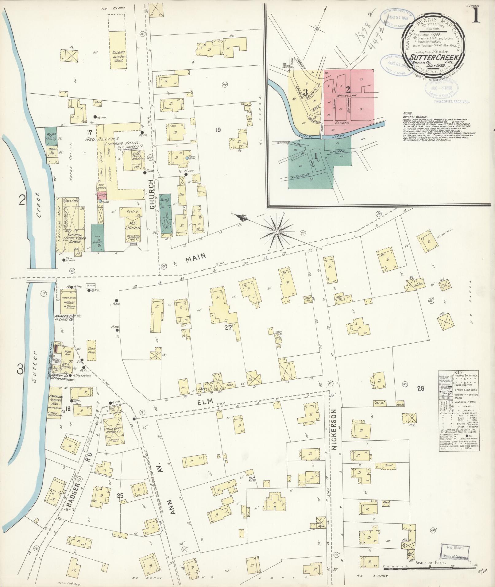 Sanborn Fire Insurance Map from Sutter Creek, Amador County, California (1898), Sheet #0001 - Complete Map Set gallery image, historic Sanborn map, vintage wall art, California California