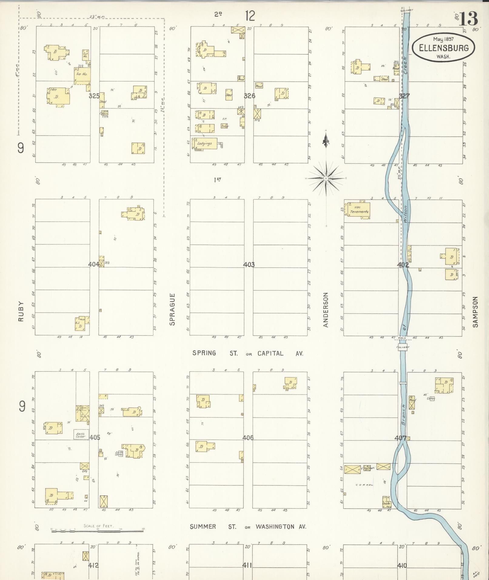 Sanborn Fire Insurance Map from Ellensburg, Kittitas County, Washington (1897), Sheet #0013 - Complete Map Set gallery image, historic Sanborn map, vintage wall art, Washington Washington