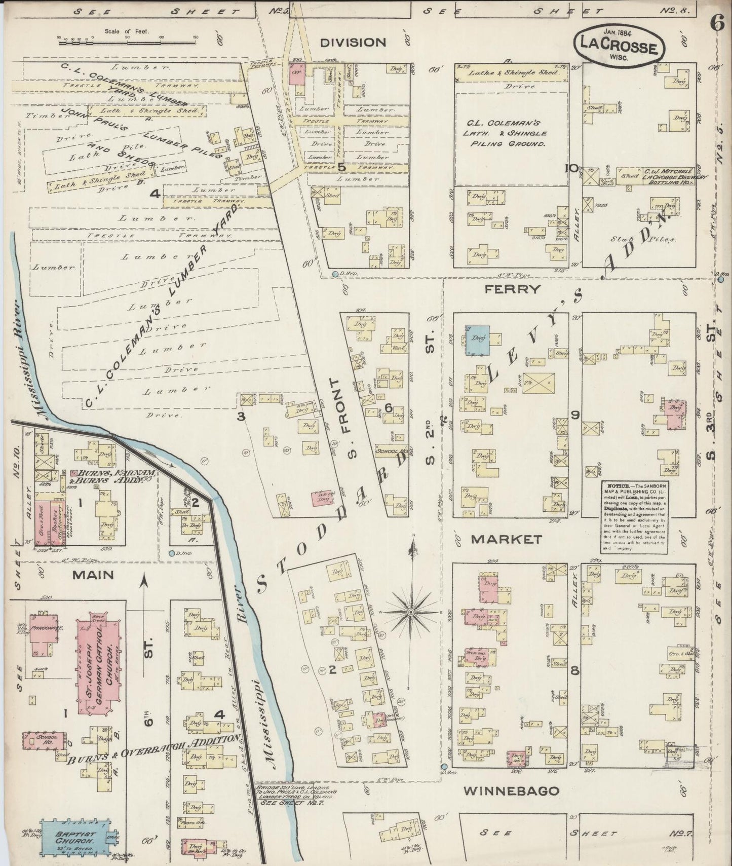 Sanborn Fire Insurance Map from La Crosse, La Crosse County, Wisconsin (1884), Sheet #0006 - Historic Sanborn Fire Insurance Map Print, vintage old map wall art, antique decor, genealogy gift, Wisconsin Wisconsin map