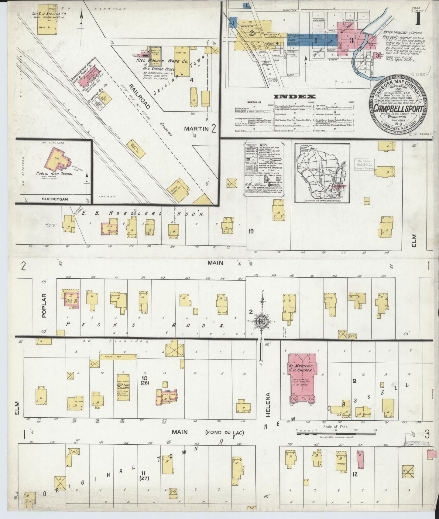 Sanborn Fire Insurance Map from Campbellsport, Fond du Lac County, Wisconsin (1919), Sheet #0001 - Complete Map Set gallery image, historic Sanborn map, vintage wall art, Wisconsin Wisconsin