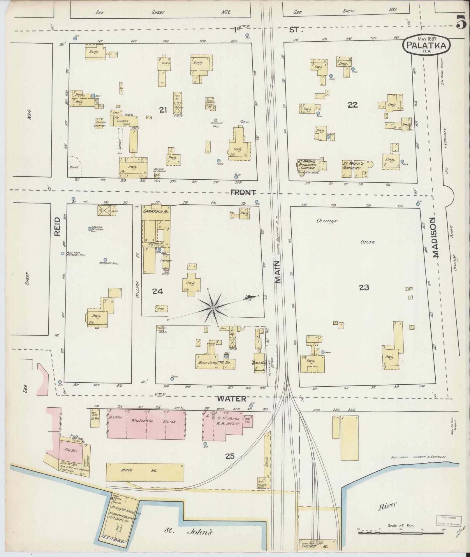 Sanborn Fire Insurance Map from Palatka, Putnam County, Florida (1887), Sheet #0005 - Historic Sanborn Fire Insurance Map Print, vintage old map wall art, antique decor, genealogy gift, Florida Florida map
