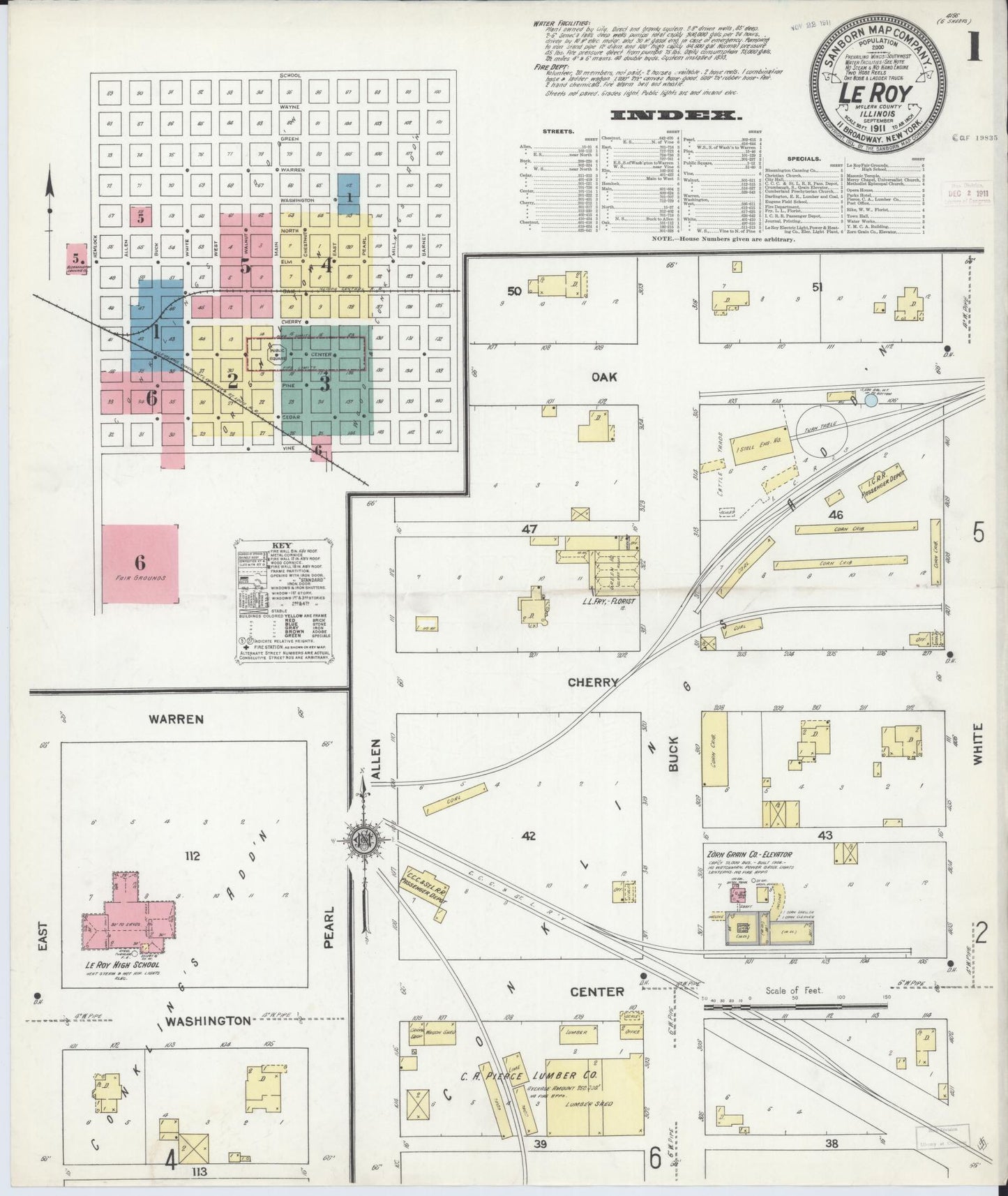 Sanborn Fire Insurance Map from Leroy, McLean County, Illinois (1911), Sheet #0001 - Historic Sanborn Fire Insurance Map Print, vintage old map wall art, antique decor, genealogy gift, Illinois Illinois map
