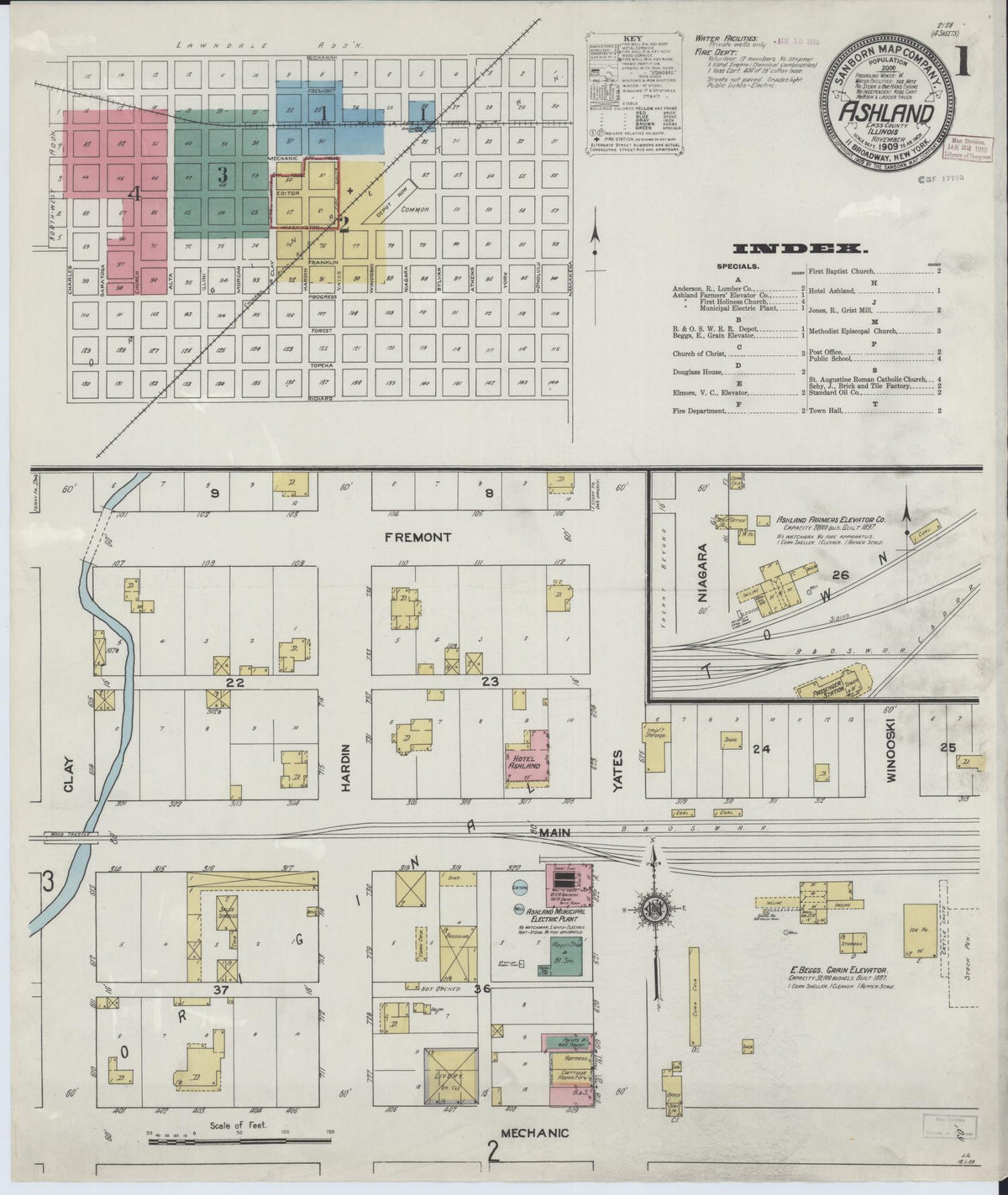 Sanborn Fire Insurance Map from Ashland, Cass County, Illinois (1909), Sheet #0001 - Historic Sanborn Fire Insurance Map Print, vintage old map wall art, antique decor, genealogy gift, Illinois Illinois map