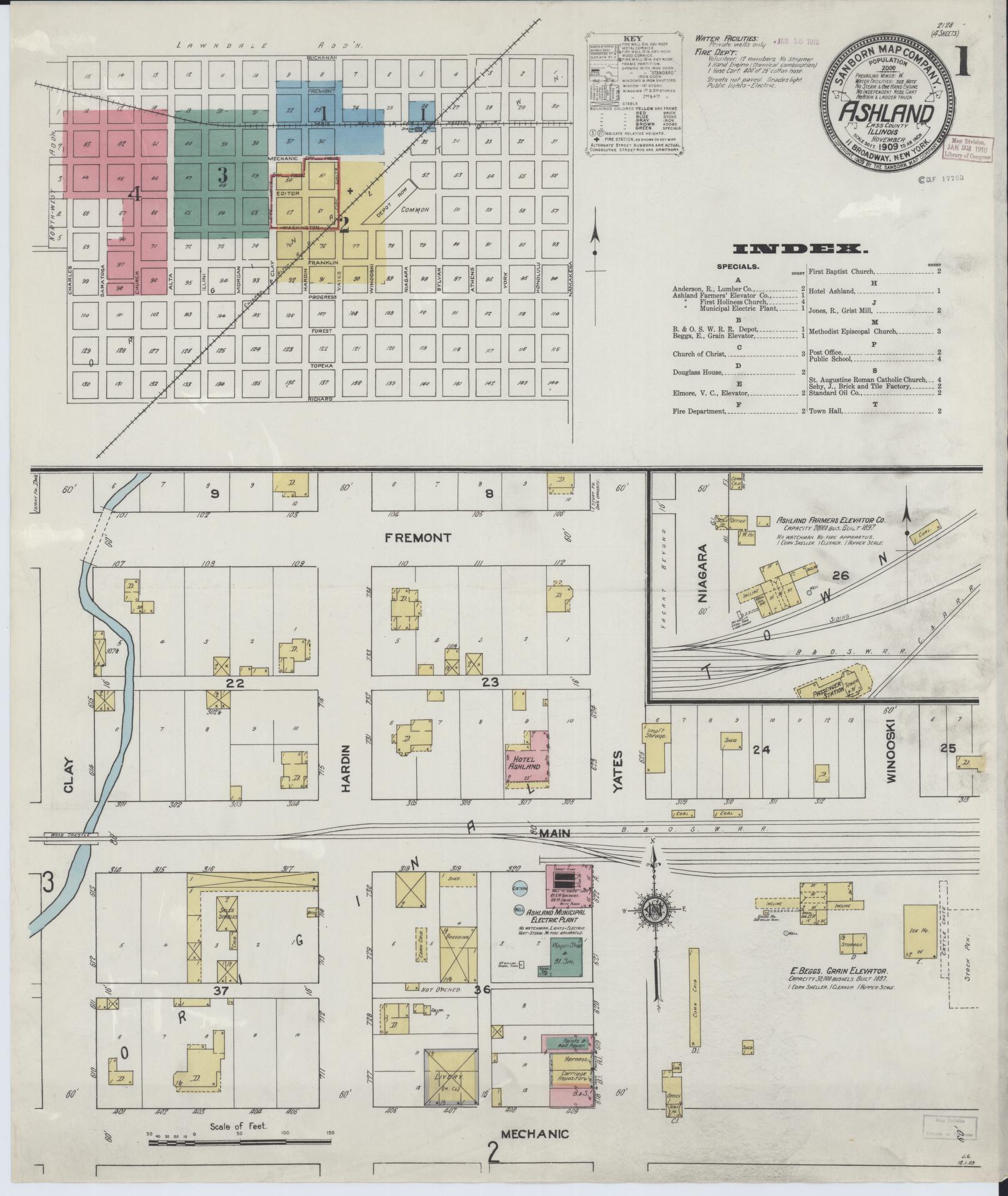 Sanborn Fire Insurance Map from Ashland, Cass County, Illinois (1909), Sheet #0001 - Historic Sanborn Fire Insurance Map Print, vintage old map wall art, antique decor, genealogy gift, Illinois Illinois map