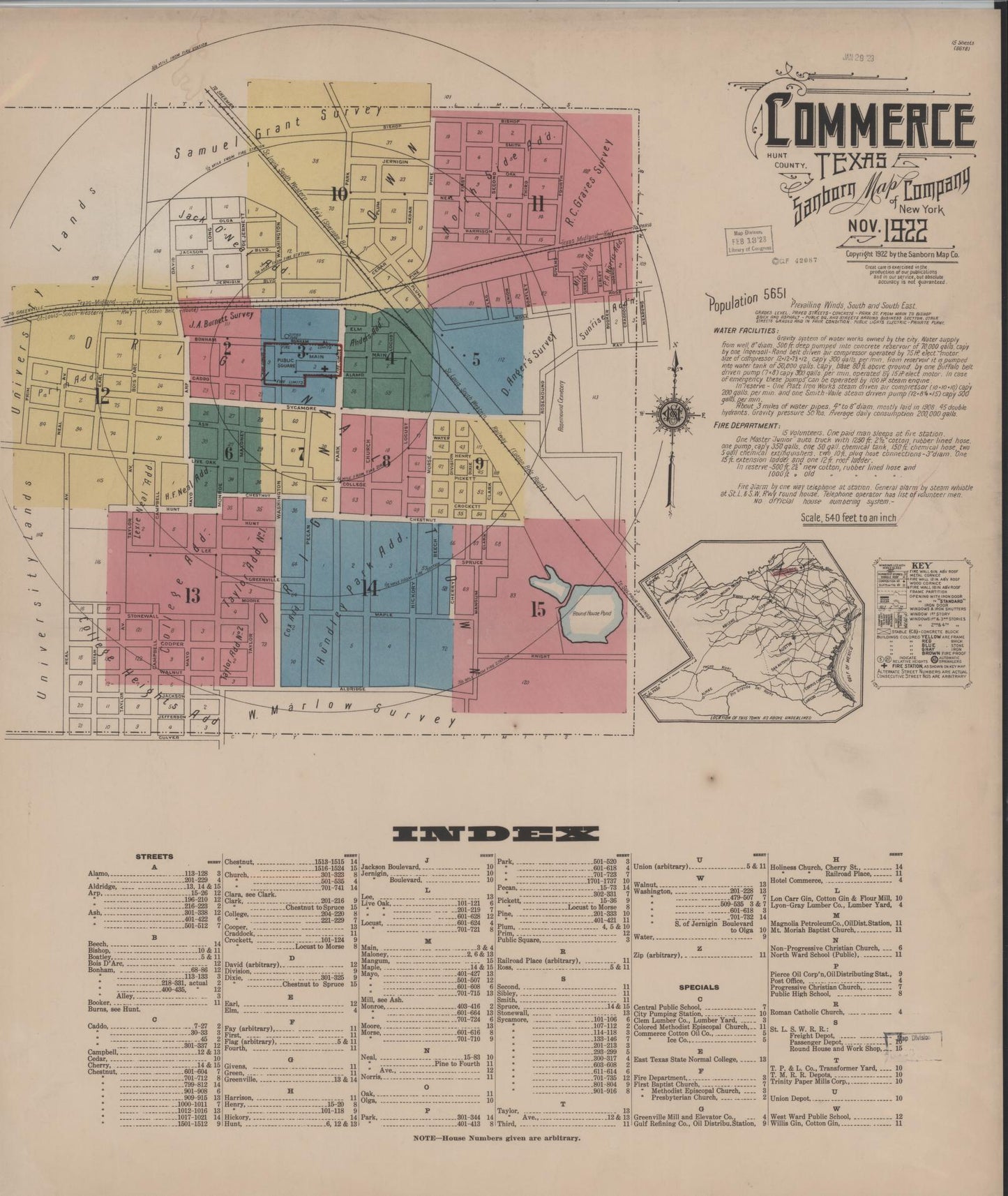 Sanborn Fire Insurance Map from Commerce, Hunt County, Texas (1922), Sheet #0001 - Historic Sanborn Fire Insurance Map Print, vintage old map wall art, antique decor, genealogy gift, Texas Texas map
