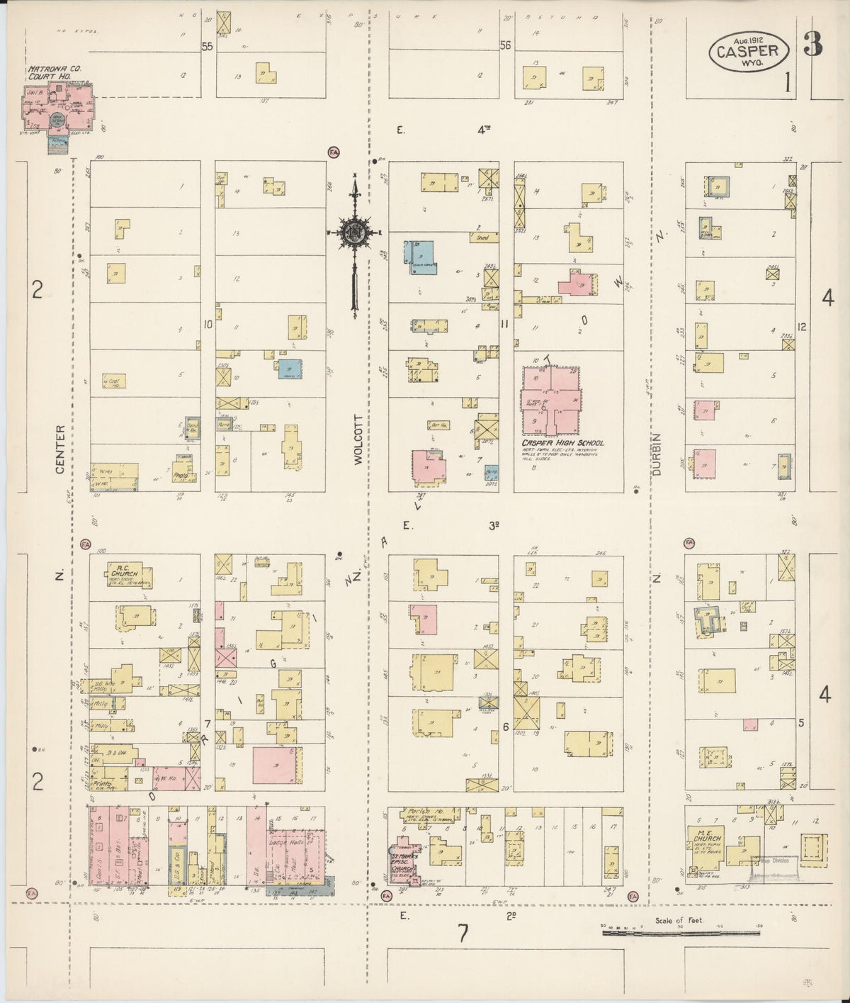 Sanborn Fire Insurance Map from Casper, Natrona County, Wyoming (1912), Sheet #0003 - Historic Sanborn Fire Insurance Map Print, vintage old map wall art, antique decor, genealogy gift, Wyoming Wyoming map