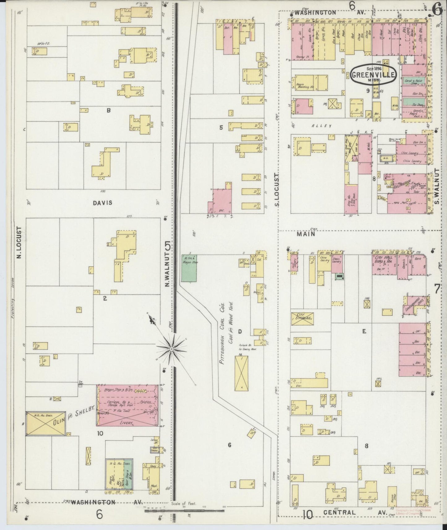 Sanborn Fire Insurance Map from Greenville, Washington County, Mississippi (1896), Sheet #0006 - Historic Sanborn Fire Insurance Map Print, vintage old map wall art, antique decor, genealogy gift, Mississippi Mississippi map