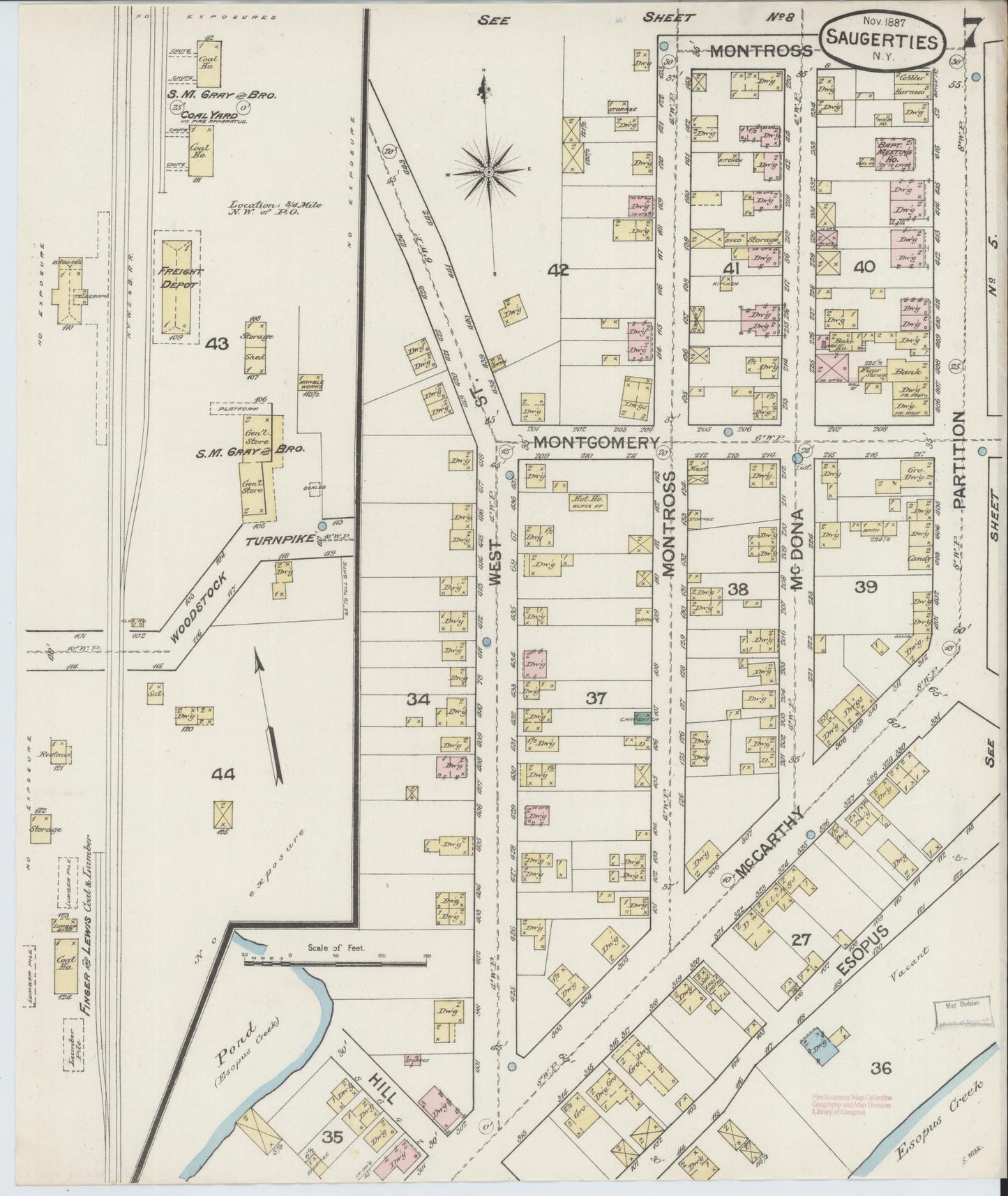 Sanborn Fire Insurance Map from Saugerties, Ulster County, New York (1887), Sheet #0007 - Historic Sanborn Fire Insurance Map Print, vintage old map wall art, antique decor, genealogy gift, New York New York map
