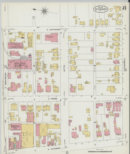 Sanborn Fire Insurance Map from Petersburg, Independent Cities, Virginia (1908), Sheet #0008 - Historic Sanborn Fire Insurance Map Print, vintage old map wall art, antique decor, genealogy gift, Virginia Virginia map