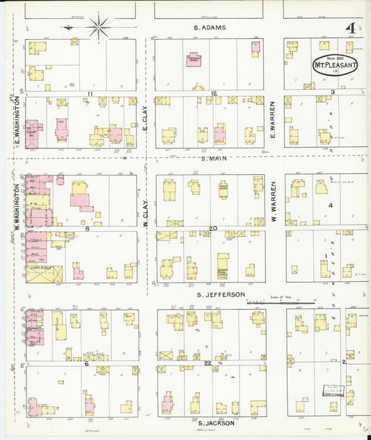 Sanborn Fire Insurance Map from Mount Pleasant, Henry County, Iowa (1892), Sheet #0004 - Historic Sanborn Fire Insurance Map Print, vintage old map wall art