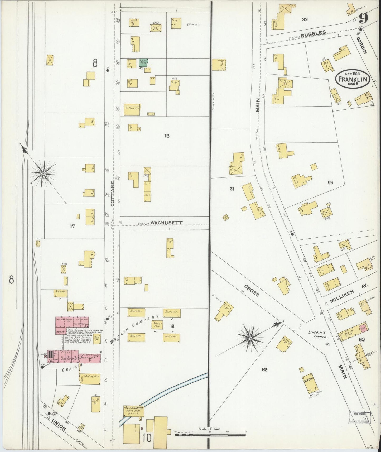 Sanborn Fire Insurance Map from Franklin, Norfolk County, Massachusetts (1904), Sheet #0009 - Complete Map Set gallery image, historic Sanborn map, vintage wall art, Massachusetts Massachusetts