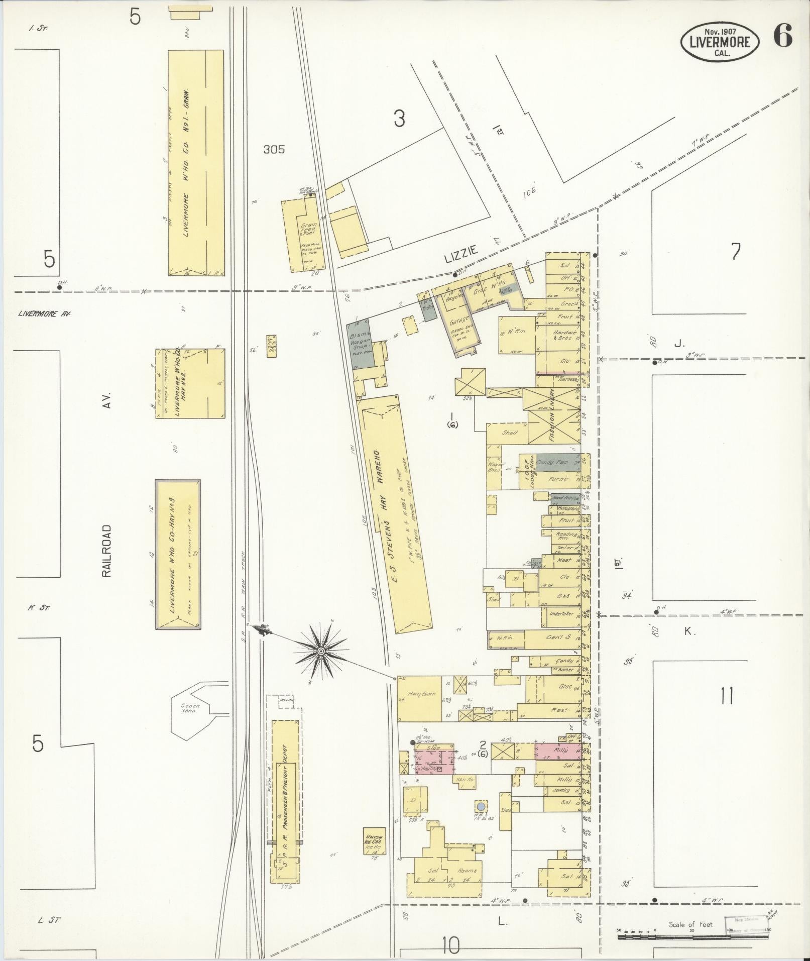 Sanborn Fire Insurance Map from Livermore, Alameda County, California (1907), Sheet #0006 - Historic Sanborn Fire Insurance Map Print, vintage old map wall art, antique decor, genealogy gift, California California map