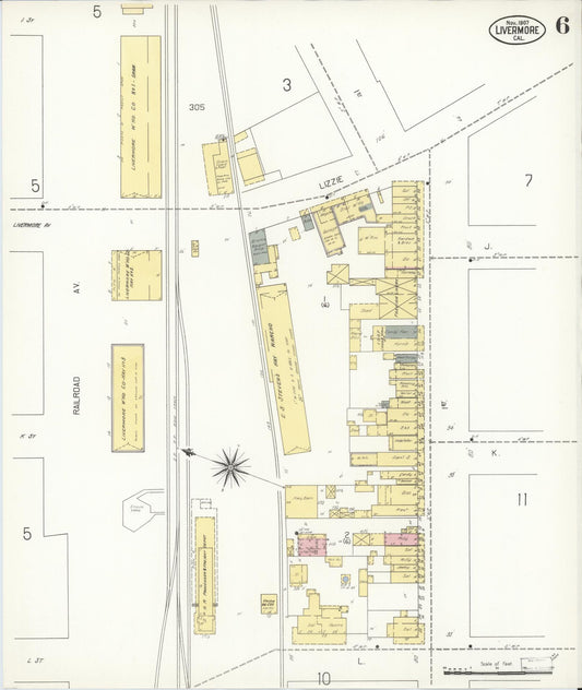 Sanborn Fire Insurance Map from Livermore, Alameda County, California (1907), Sheet #0006 - Historic Sanborn Fire Insurance Map Print, vintage old map wall art, antique decor, genealogy gift, California California map