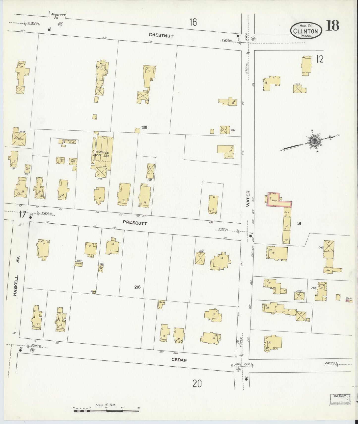 Sanborn Fire Insurance Map from Clinton, Worcester County, Massachusetts (1911), Sheet #0018 - Historic Sanborn Fire Insurance Map Print, vintage old map wall art, antique decor, genealogy gift, Massachusetts Massachusetts map