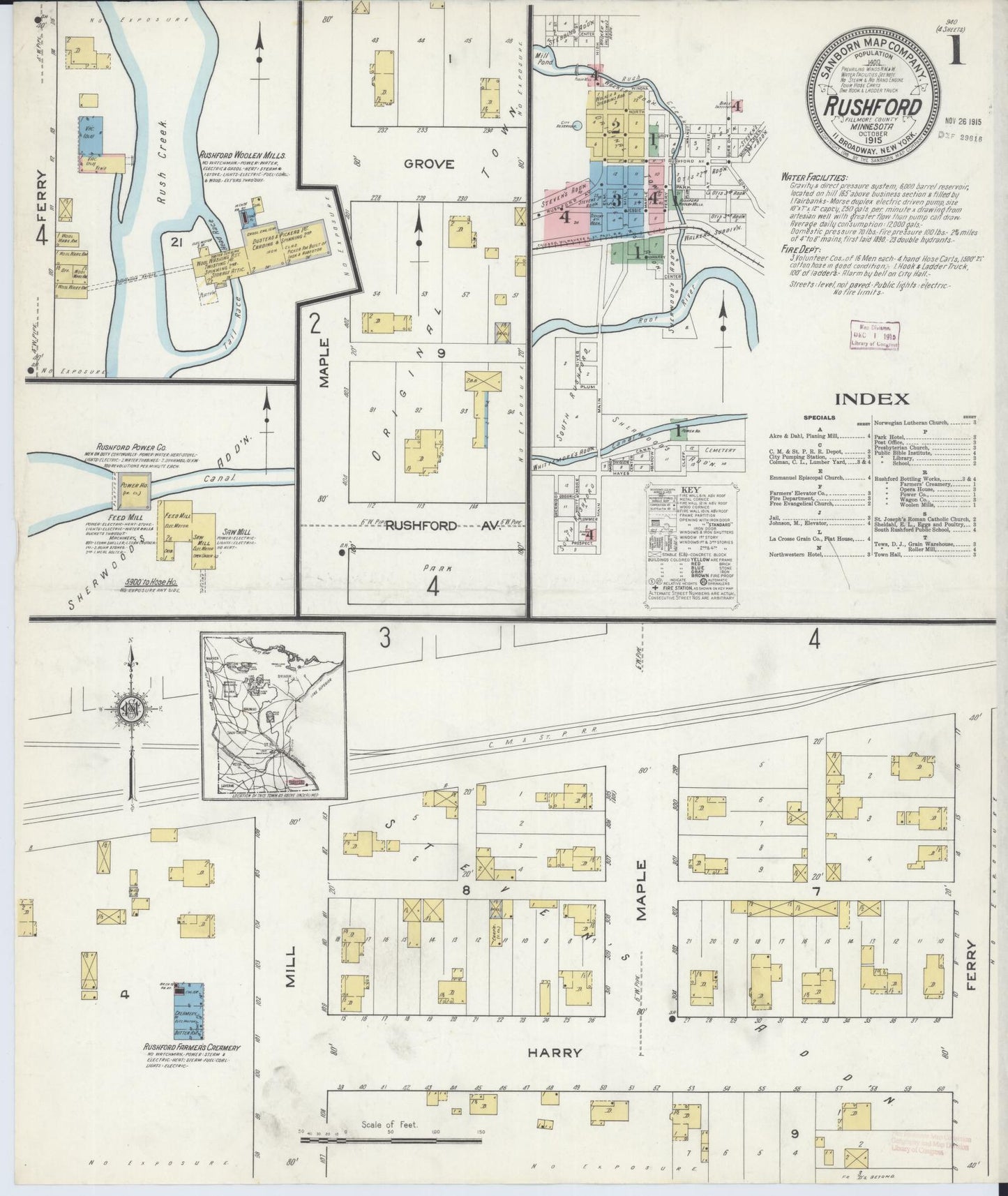 Sanborn Fire Insurance Map from Rushford, Fillmore County, Minnesota (1915), Sheet #0001 - Complete Map Set gallery image, historic Sanborn map, vintage wall art, Minnesota Minnesota