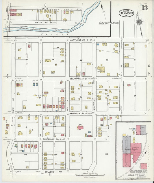 Sanborn Fire Insurance Map from Oakmont, Allegheny County, Pennsylvania (1921), Sheet #0013 - Historic Sanborn Fire Insurance Map Print, vintage old map wall art, antique decor, genealogy gift, Pennsylvania Pennsylvania map