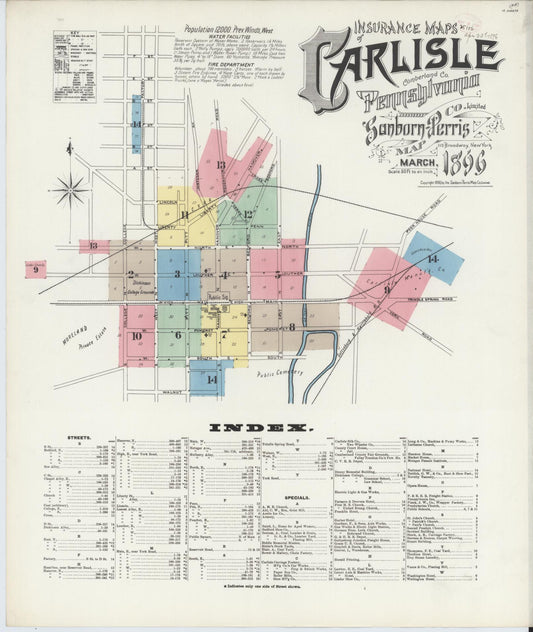 Sanborn Fire Insurance Map from Carlisle, Cumberland County, Pennsylvania (1896), Sheet #0001 - Historic Sanborn Fire Insurance Map Print, vintage old map wall art, antique decor, genealogy gift, Pennsylvania Pennsylvania map