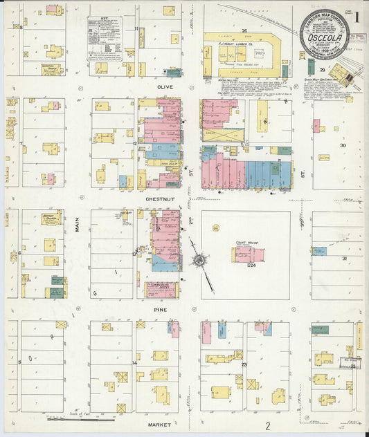 Sanborn Fire Insurance Map from Osceola, Saint Clair County, Missouri (1909), Sheet #0001 - Complete Map Set gallery image, historic Sanborn map, vintage wall art, Missouri Missouri