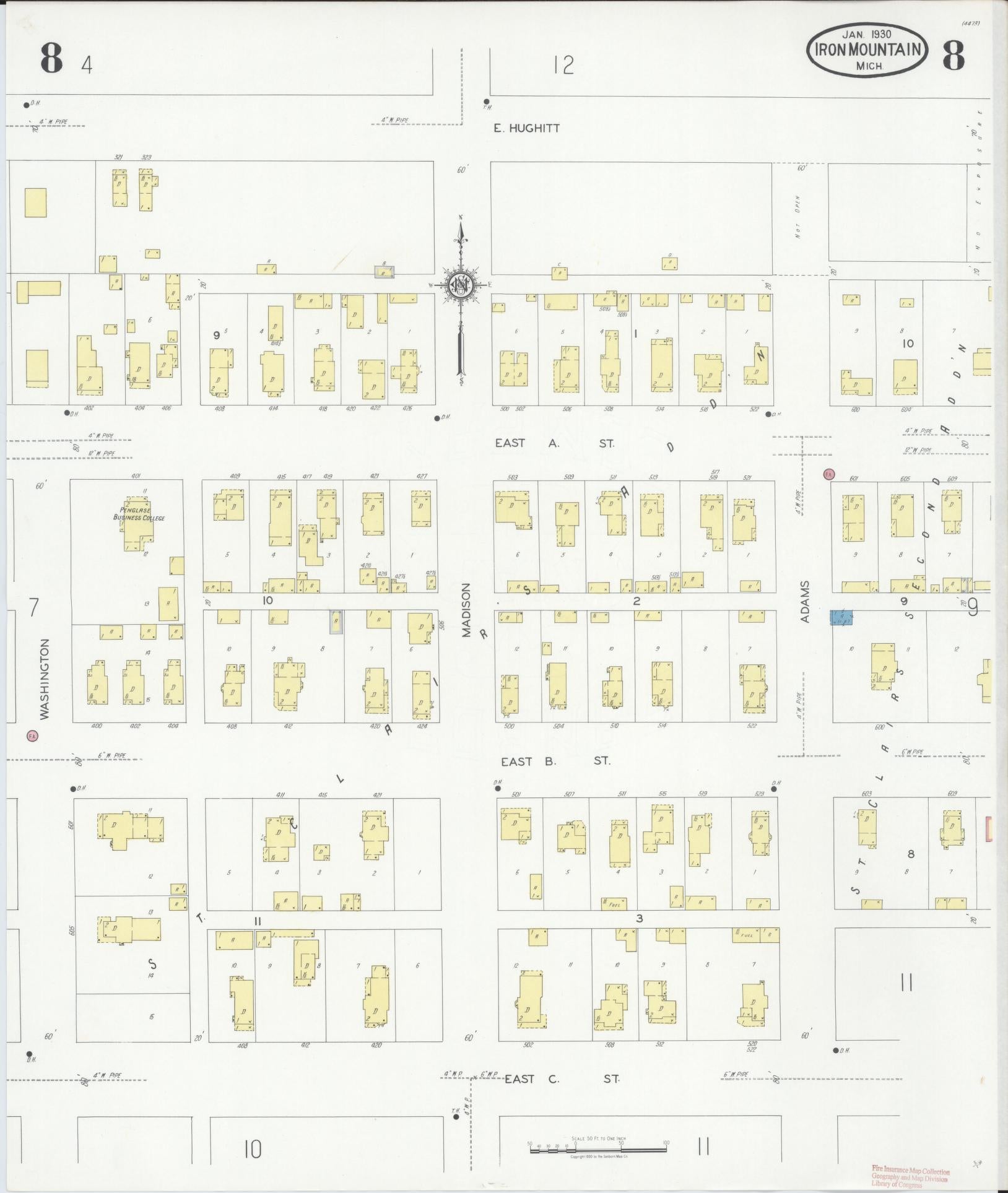 Sanborn Fire Insurance Map from Iron Mountain, Dickinson County, Michigan (1930), Sheet #0008 - Complete Map Set gallery image, historic Sanborn map, vintage wall art, Michigan Michigan