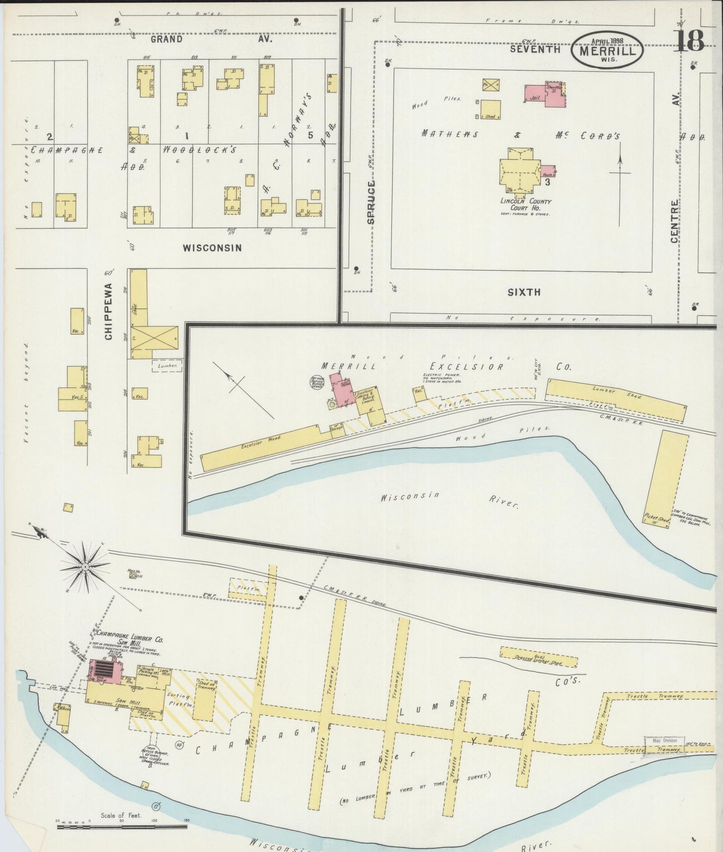 Sanborn Fire Insurance Map from Merrill, Lincoln County, Wisconsin (1898), Sheet #0018 - Historic Sanborn Fire Insurance Map Print, vintage old map wall art, antique decor, genealogy gift, Wisconsin Wisconsin map