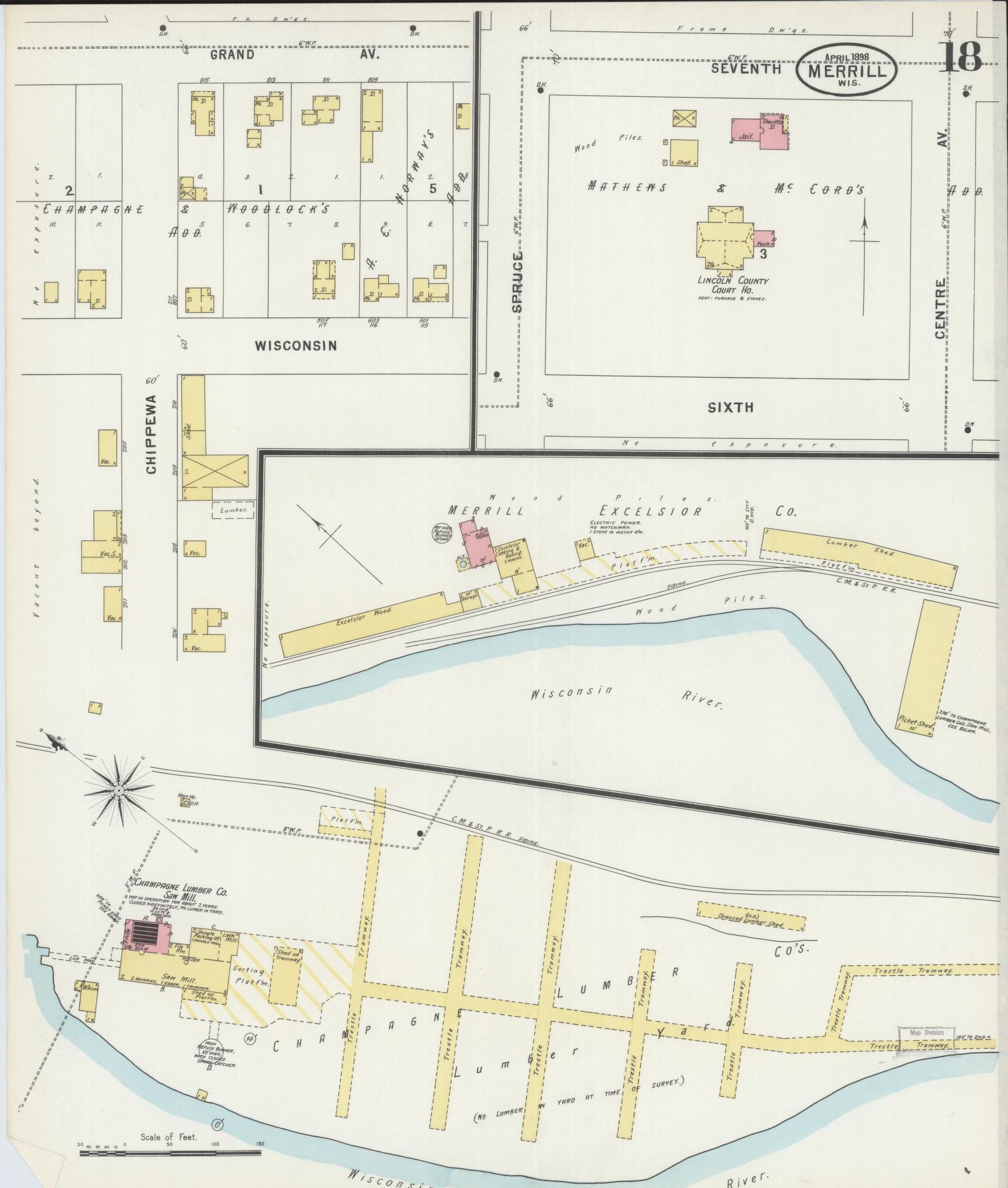 Sanborn Fire Insurance Map from Merrill, Lincoln County, Wisconsin (1898), Sheet #0018 - Historic Sanborn Fire Insurance Map Print, vintage old map wall art, antique decor, genealogy gift, Wisconsin Wisconsin map