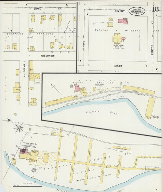 Sanborn Fire Insurance Map from Merrill, Lincoln County, Wisconsin (1898), Sheet #0018 - Historic Sanborn Fire Insurance Map Print, vintage old map wall art, antique decor, genealogy gift, Wisconsin Wisconsin map