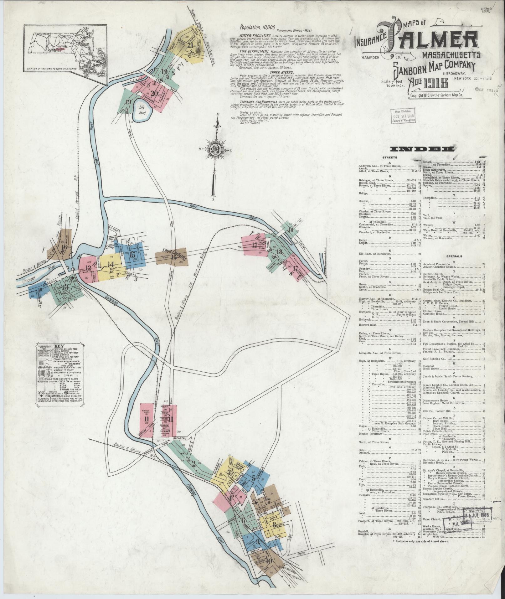 Sanborn Fire Insurance Map from Palmer, Hampden County, Massachusetts (1918), Sheet #0001 - Historic Sanborn Fire Insurance Map Print, vintage old map wall art, antique decor, genealogy gift, Massachusetts Massachusetts map