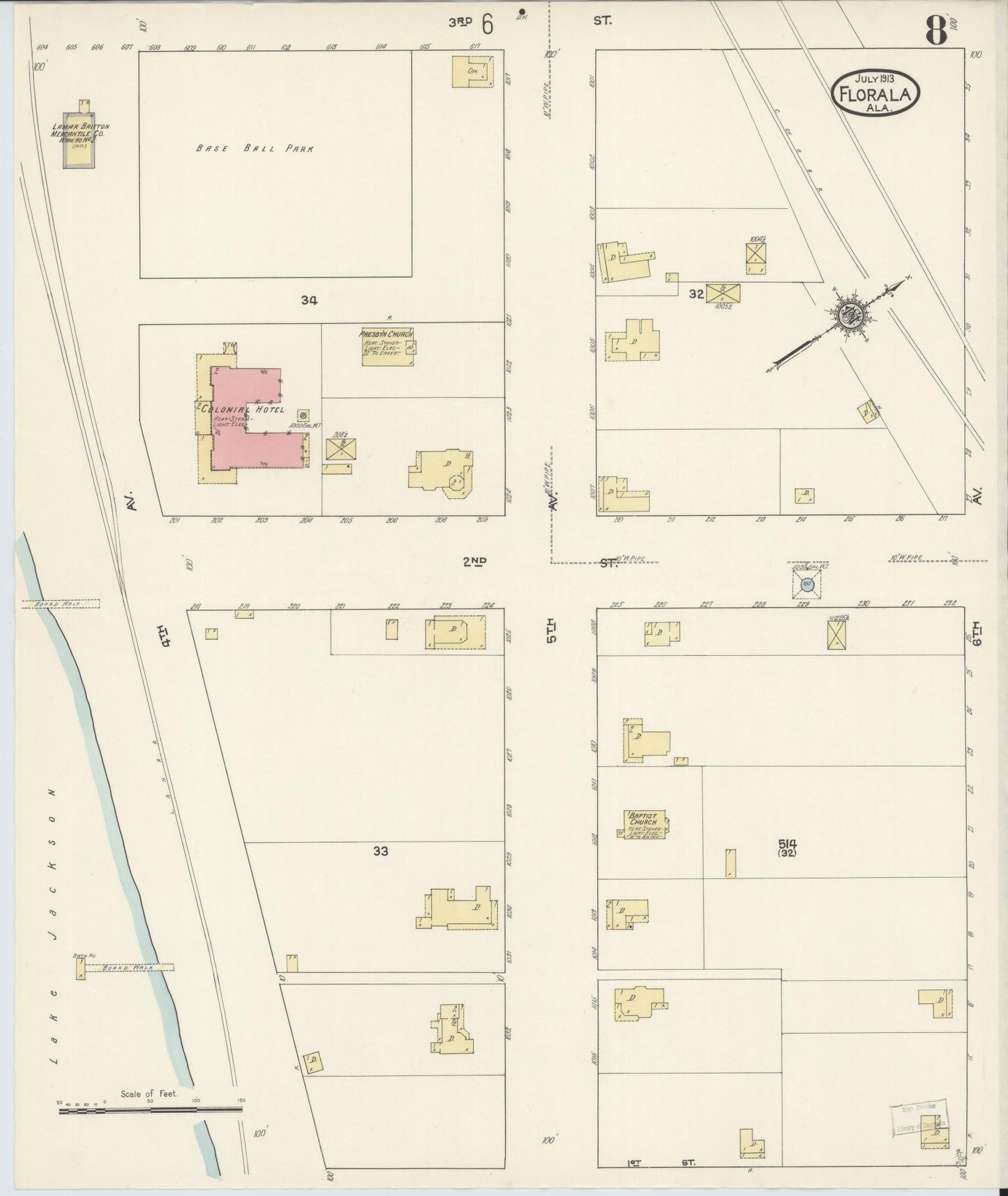 Sanborn Fire Insurance Map from Florala, Covington County, Alabama (1913), Sheet #0008 - Historic Sanborn Fire Insurance Map Print, vintage old map wall art, antique decor, genealogy gift, Alabama Alabama map