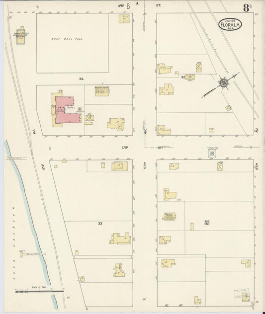 Sanborn Fire Insurance Map from Florala, Covington County, Alabama (1913), Sheet #0008 - Historic Sanborn Fire Insurance Map Print, vintage old map wall art, antique decor, genealogy gift, Alabama Alabama map