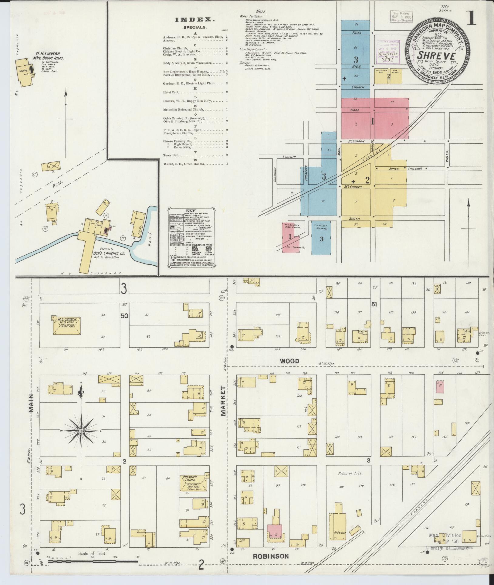 Sanborn Fire Insurance Map from Shreve, Wayne County, Ohio (1905), Sheet #0001 - Historic Sanborn Fire Insurance Map Print, vintage old map wall art, antique decor, genealogy gift, Ohio Ohio map