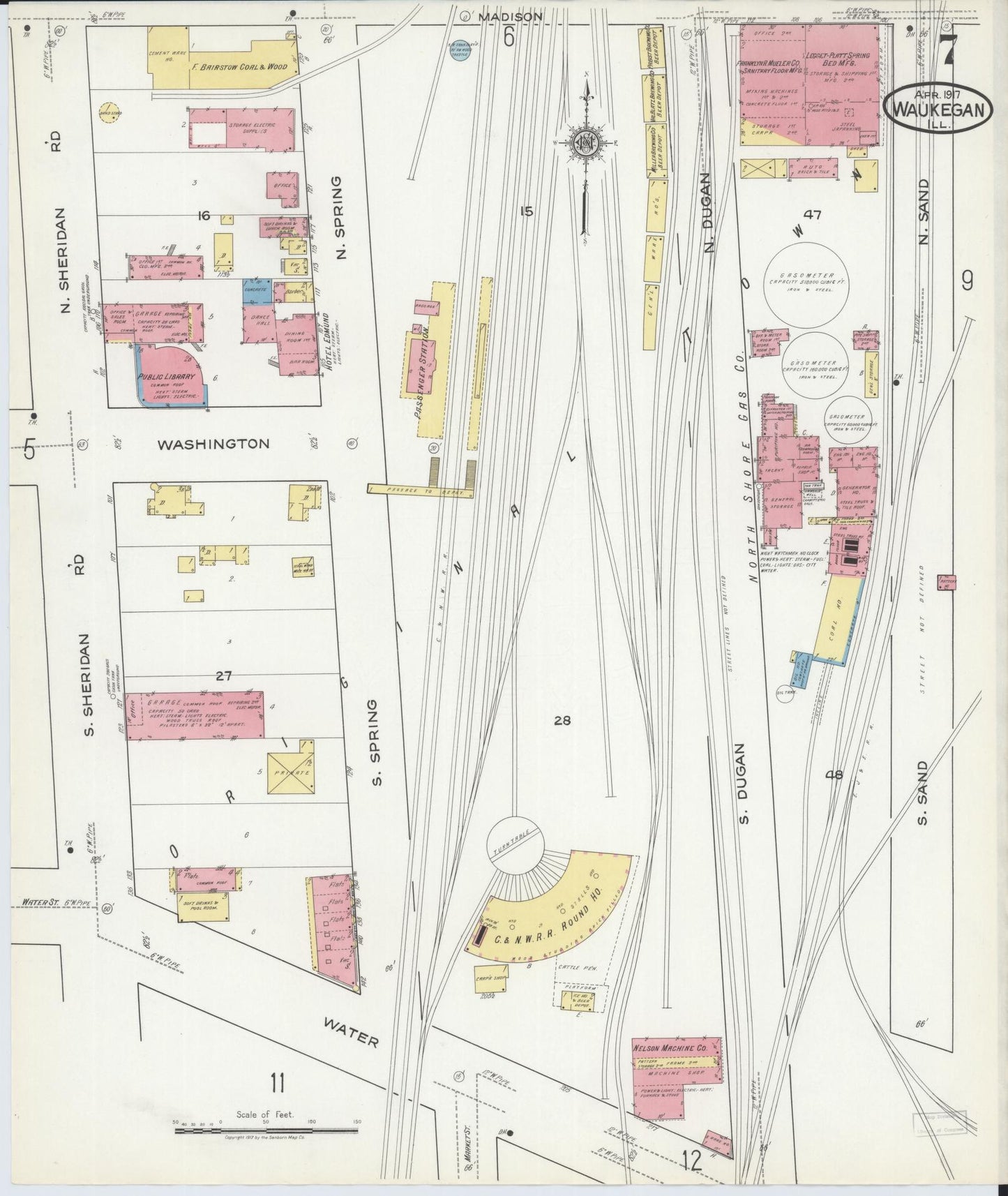 Sanborn Fire Insurance Map from Waukegan, Lake County, Illinois (1917), Sheet #0007 - Complete Map Set gallery image, historic Sanborn map, vintage wall art, Illinois Illinois