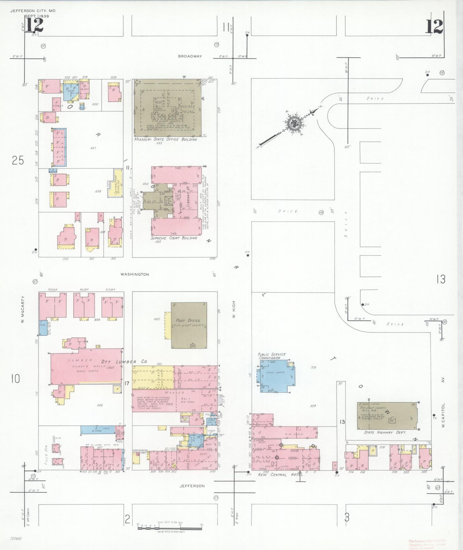Sanborn Fire Insurance Map from Jefferson City, Cole County, Missouri (1939), Sheet #0012 - Historic Sanborn Fire Insurance Map Print, vintage old map wall art, antique decor, genealogy gift, Missouri Missouri map