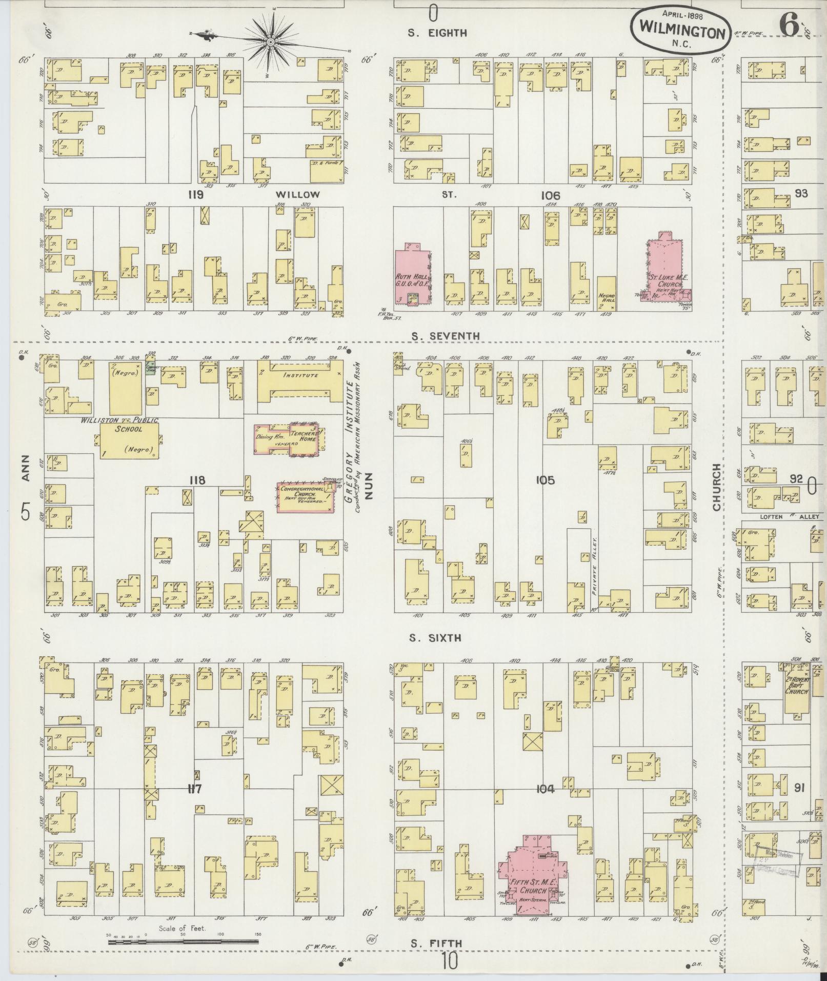 Sanborn Fire Insurance Map from Wilmington, New Hanover County, North Carolina (1898), Sheet #0006 - Historic Sanborn Fire Insurance Map Print, vintage old map wall art, antique decor, genealogy gift, North Carolina North Carolina map