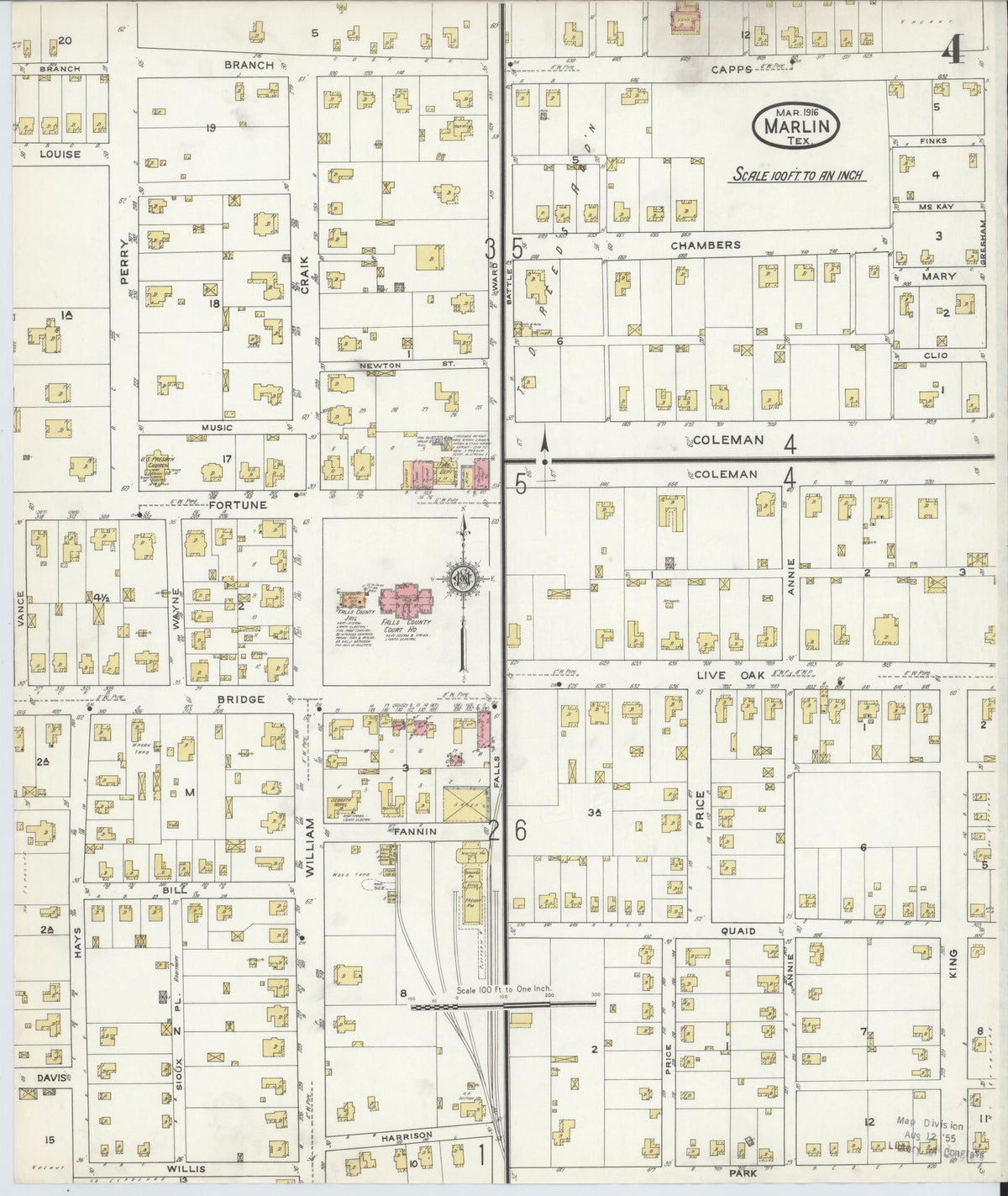 Sanborn Fire Insurance Map from Marlin, Falls County, Texas (1916), Sheet #0004 - Historic Sanborn Fire Insurance Map Print, vintage old map wall art, antique decor, genealogy gift, Texas Texas map