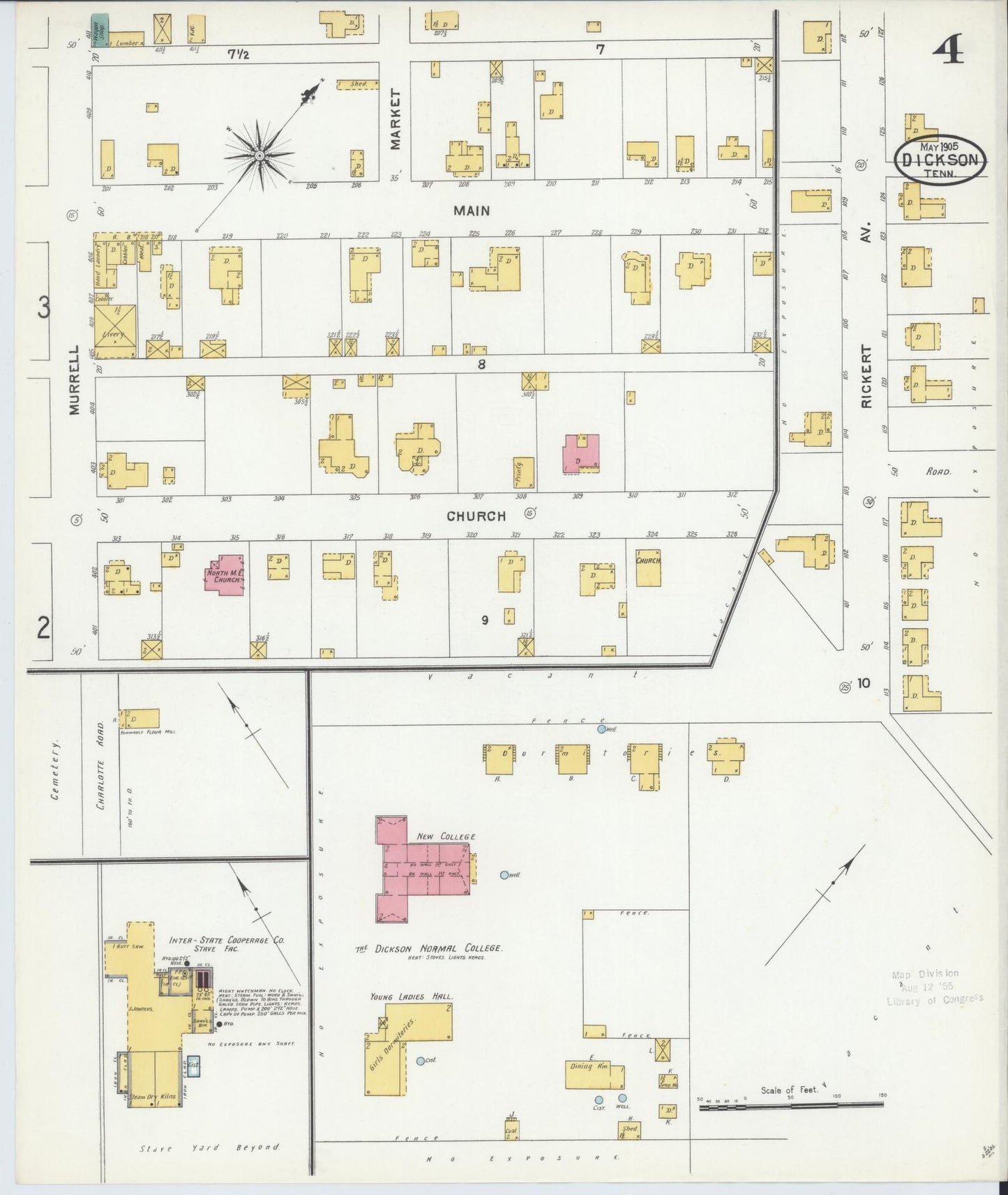 Sanborn Fire Insurance Map from Dickson, Dickson County, Tennessee (1905), Sheet #0004 - Complete Map Set gallery image, historic Sanborn map, vintage wall art, Tennessee Tennessee