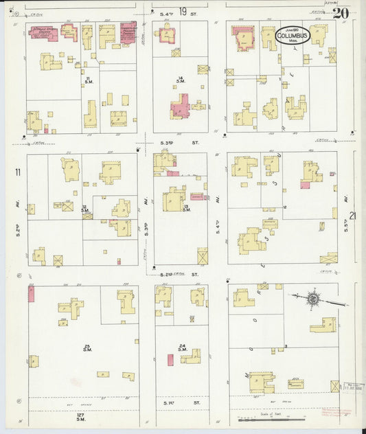 Sanborn Fire Insurance Map from Columbus, Lowndes County, Mississippi (1910), Sheet #0020 - Historic Sanborn Fire Insurance Map Print, vintage old map wall art, antique decor, genealogy gift, Mississippi Mississippi map
