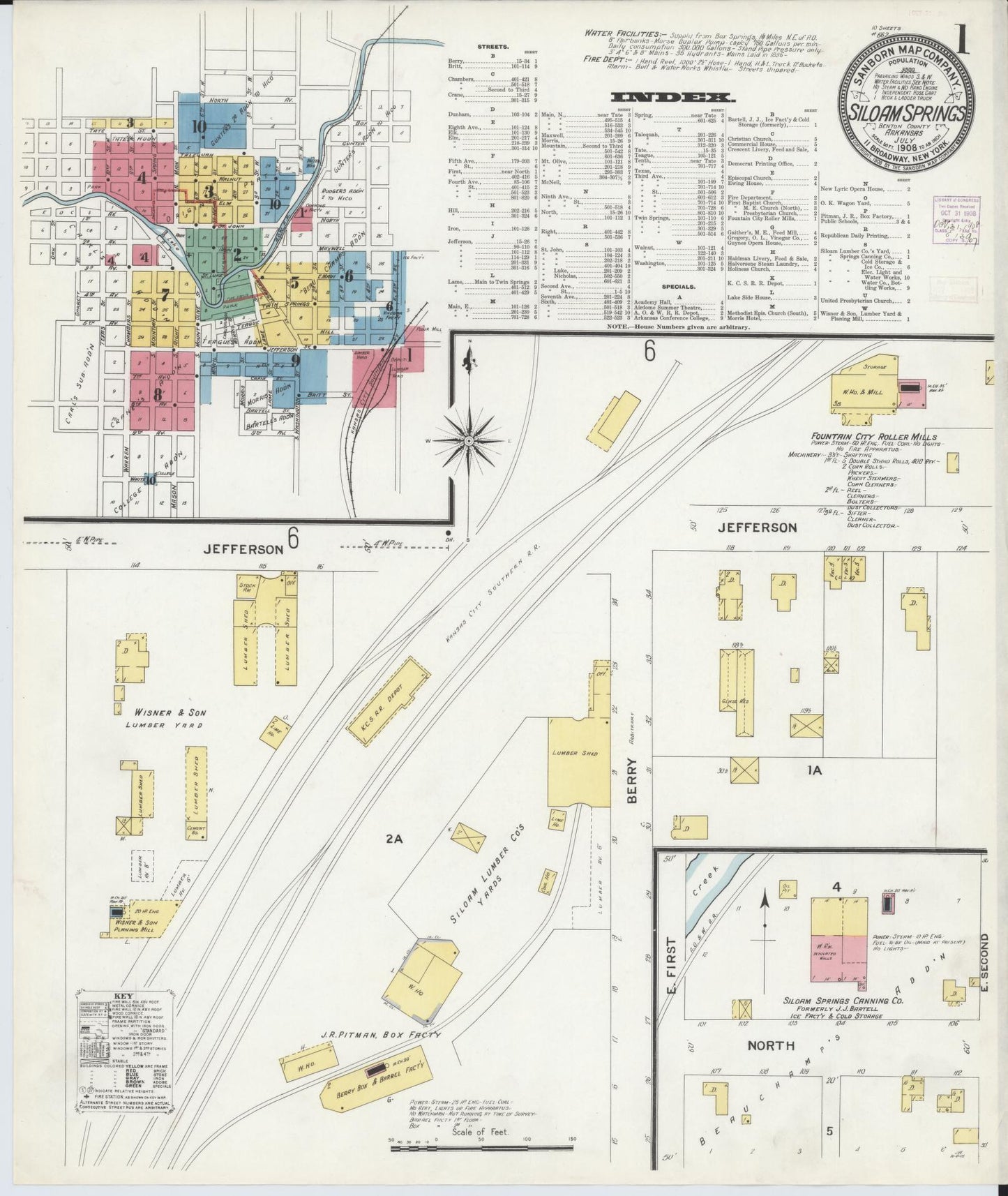 Sanborn Fire Insurance Map from Siloam Springs, Benton County, Arkansas (1908), Sheet #0001 - Historic Sanborn Fire Insurance Map Print, vintage old map wall art, antique decor, genealogy gift, Arkansas Arkansas map