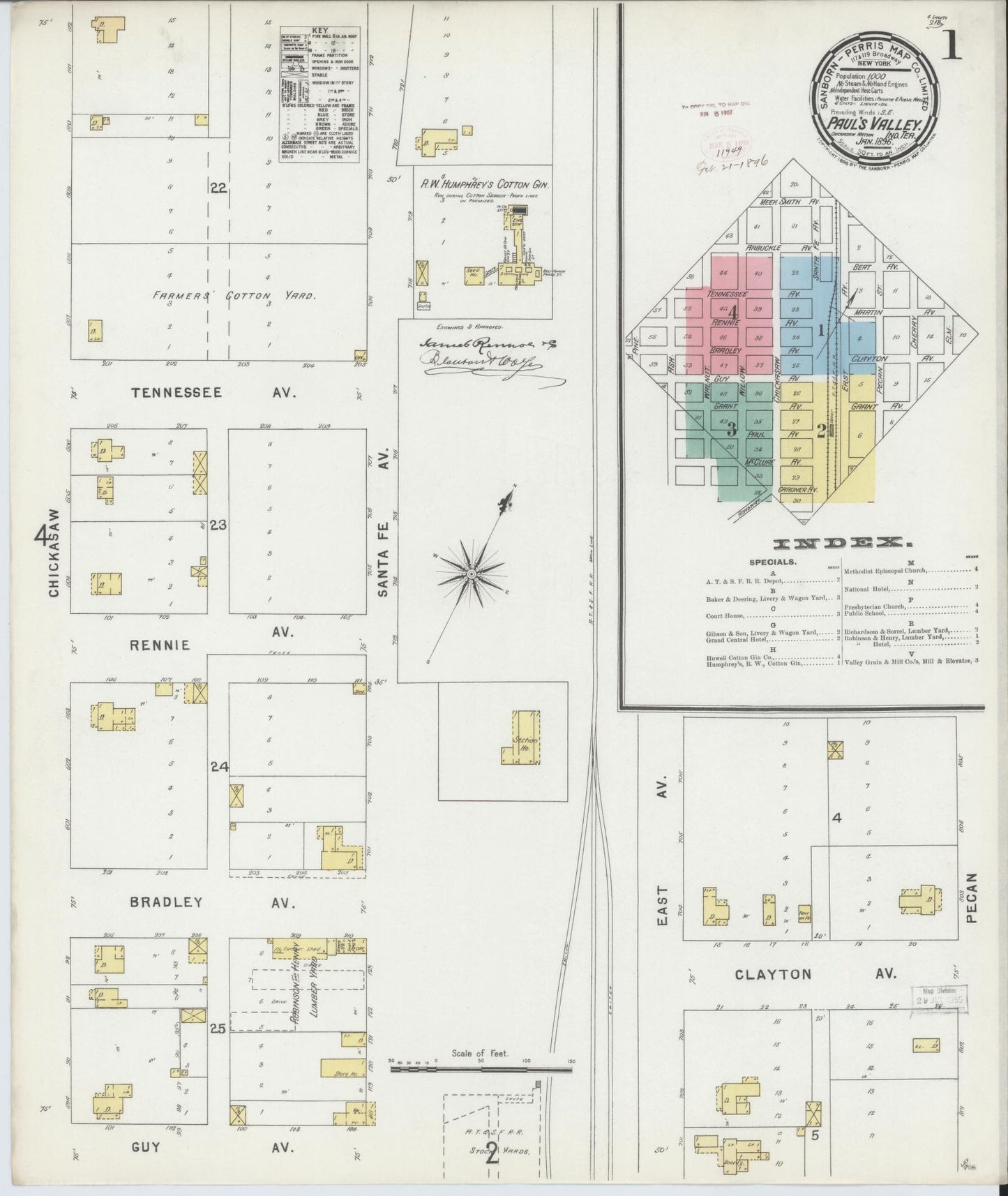 Sanborn Fire Insurance Map from Pauls Valley, Garvin County, Oklahoma (1896), Sheet #0001 - Historic Sanborn Fire Insurance Map Print, vintage old map wall art, antique decor, genealogy gift, Oklahoma Oklahoma map