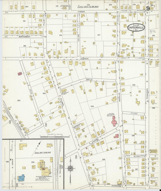Sanborn Fire Insurance Map from Cartersville, Bartow County, Georgia (1916), Sheet #0009 - Historic Sanborn Fire Insurance Map Print, vintage old map wall art, antique decor, genealogy gift, Georgia Georgia map
