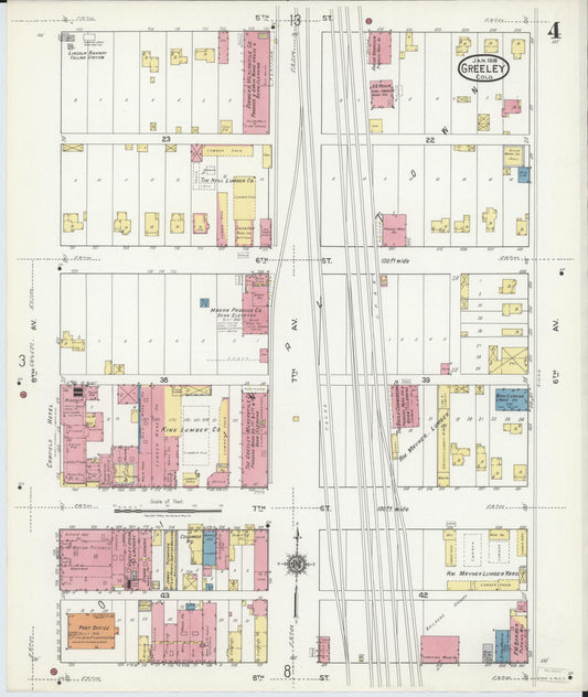 Sanborn Fire Insurance Map from Greeley, Weld County, Colorado (1918), Sheet #0004 - Historic Sanborn Fire Insurance Map Print, vintage old map wall art, antique decor, genealogy gift, Colorado Colorado map