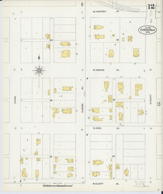 Sanborn Fire Insurance Map from Fergus Falls, Otter Tail County, Minnesota (1903), Sheet #0012 - Historic Sanborn Fire Insurance Map Print, vintage old map wall art, antique decor, genealogy gift, Minnesota Minnesota map